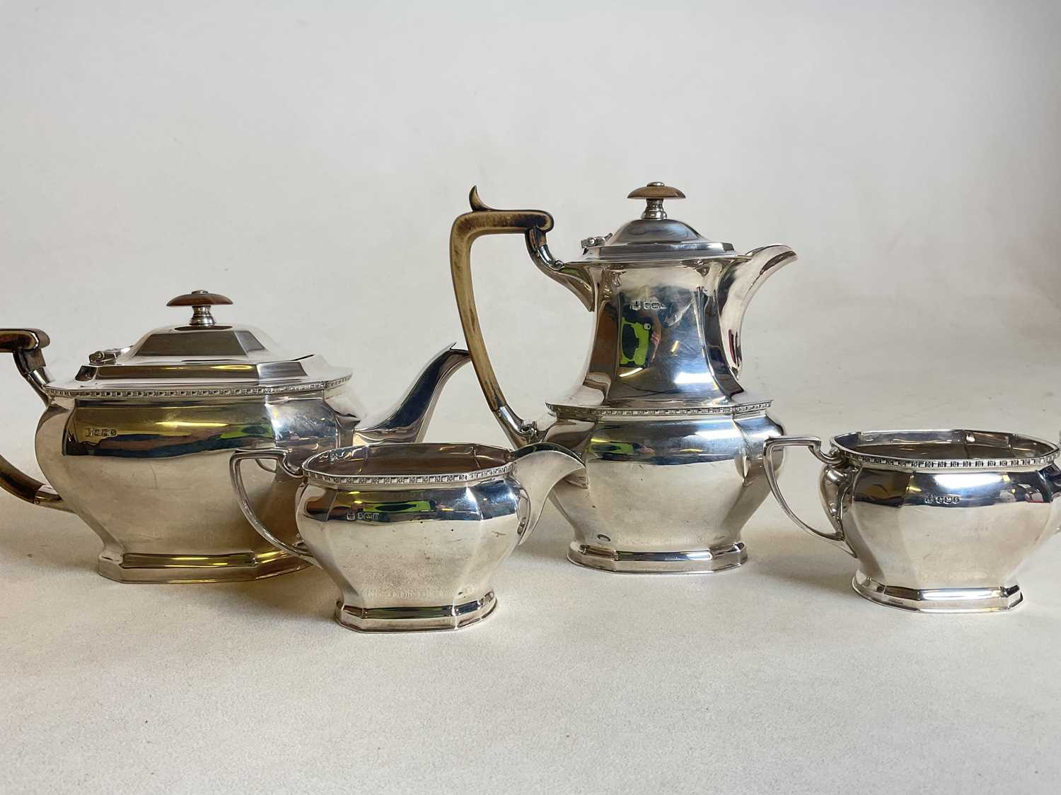 COOPER BROS AND SONS; a hallmarked silver four piece tea set comprising teapot, water jug, sugar - Image 17 of 17
