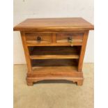A small European hardwood media cabinet with two drawers, height 77cm, width 75cm, depth 46cm.