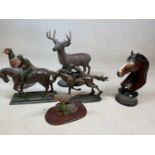 Two bronze style horse sculptures, also a ceramic horse's head, 2 pheasants and a stag