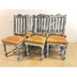 A set of six upcycled oak dining chairs with coffee bean sack cloth seats, seat height 49cm.