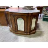 A walnut inlaid marble topped credenza with round arched mirrored doors, height 89cm, width 122cm,