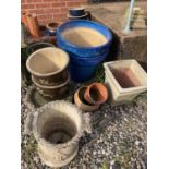 Various assorted planters, including a large ceramic pair of blue planters, other ceramic pots, a