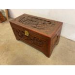 A Chinese carved camphor wood rectangular blanket box, width 88cm.
