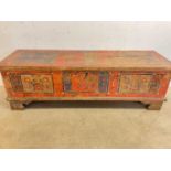 A Continental, possibly Swedish, hand painted dowry chest with working key, height 59cm, width 191