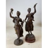 A pair of circa 1900 spelter figures, each modelled as a classical maiden holding a bunch of flowers