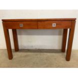 A contemporary wooden console table with 2 drawers, height 77cm, width 120cm, depth 40cm.