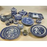 A collection of blue and white china to include Spode items, a tea pot, storage jar, mugs, jugs