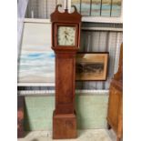 A pine country longcase clock with pheasant decoration to face, with weight and pendulum, height