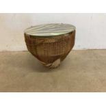 An unusual zebra skin and string set tapering drum/table raised on associated circular stand, with