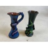 Two pottery vases, an Aller Vale green bird and a Torquay ware dragon handled example, largest