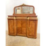 A French walnut veneered, breakfront, mirror backed sideboard with marble top, with three hidden