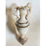 An alabaster vase with twin handles, height 50cm, width 20cm.