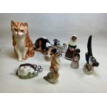 A collection of ceramic cats and animals including a large Babbacombe marmalade cat, a Babbacombe