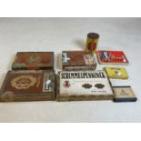 A collection of old cigar boxes, some with contents to include La Corona, Schimmelpenninck and