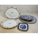 Two Royal Copenhagen hand painted and gilded platters, largest 47cm x 37cm, also blue and white