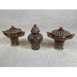 Satsuma ware trio, comprising lidded urn and 2 lidded matching pots. Mark to base H: 19cm.