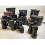 A collection of 10 pairs of binoculars including Zenith, Tasco, Miradod, Prinz, Visionary and