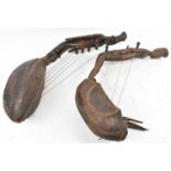 Two Mangbetu, Democratic Republic of Congo Kudi (arched harp) with carved figural detail, height