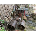 Three vintage garden rollers, and a cricket marking roller (4)