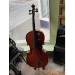 NYOJEONG; a student's violoncello with one-piece back, with associated guitar stand (2)