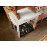 A vintage kitchen table with enamelled top on painted pine base with single end drawer, width