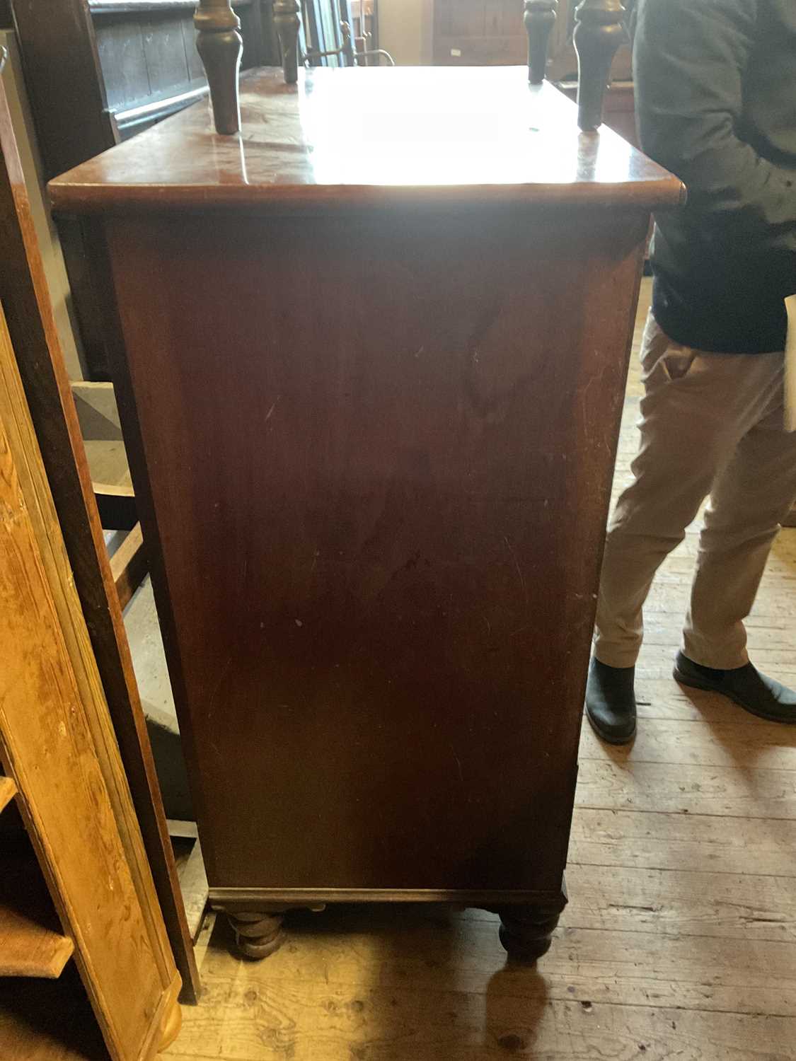 A 19th century mahogany chest of four drawers, with turned bun handles, on bun feet, width 126cm, - Image 3 of 5