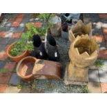 A selection of assorted garden related items, including two chimney pots, salt glazed planter/