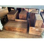 Eight vintage and modern advertising wooden crates to include Frey Bentos corned beef, a Tri-Ang