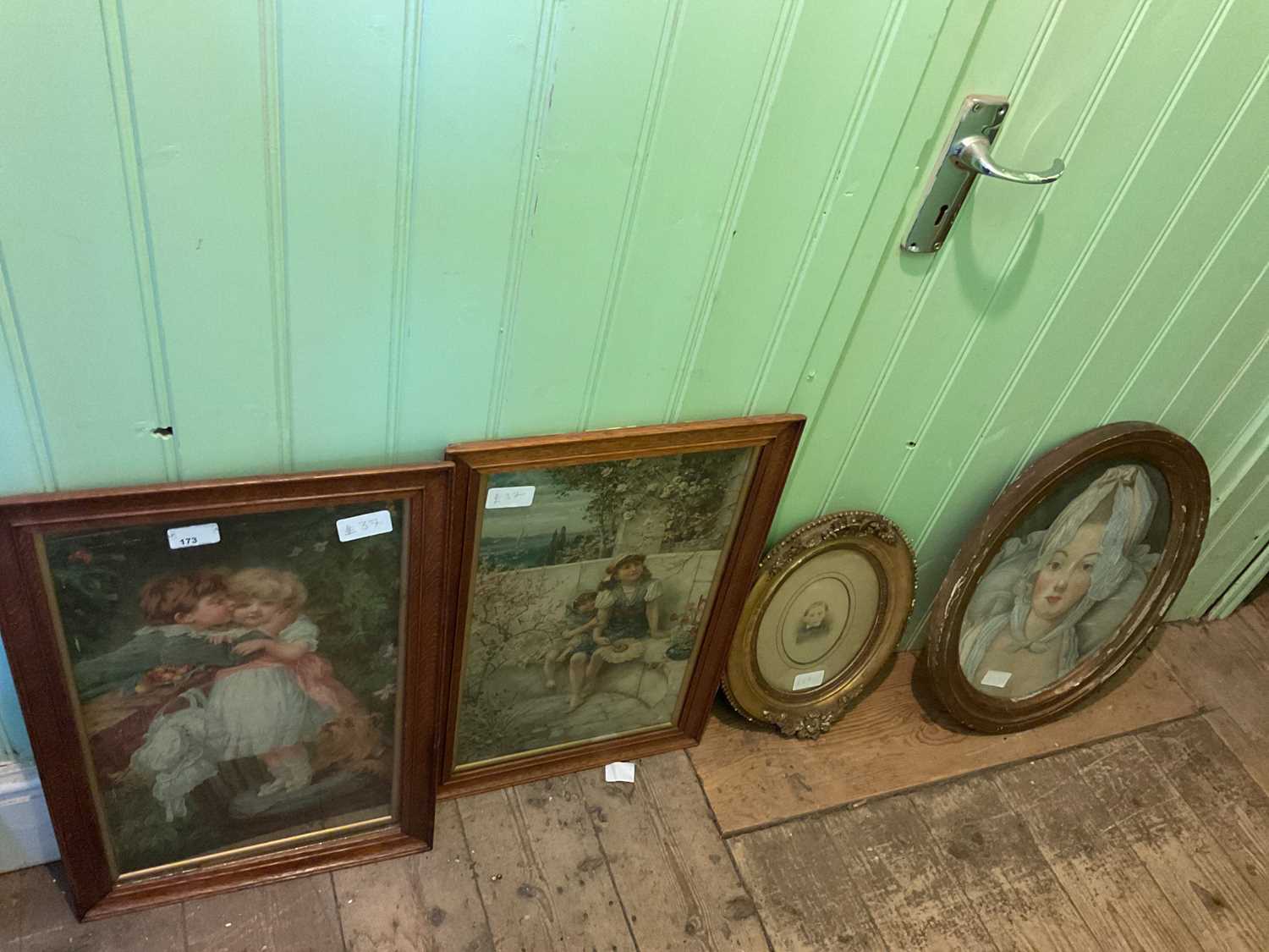 An Edwardian watercolour portrait of a girl, unsigned, 39 x 31cm, with two prints of children,