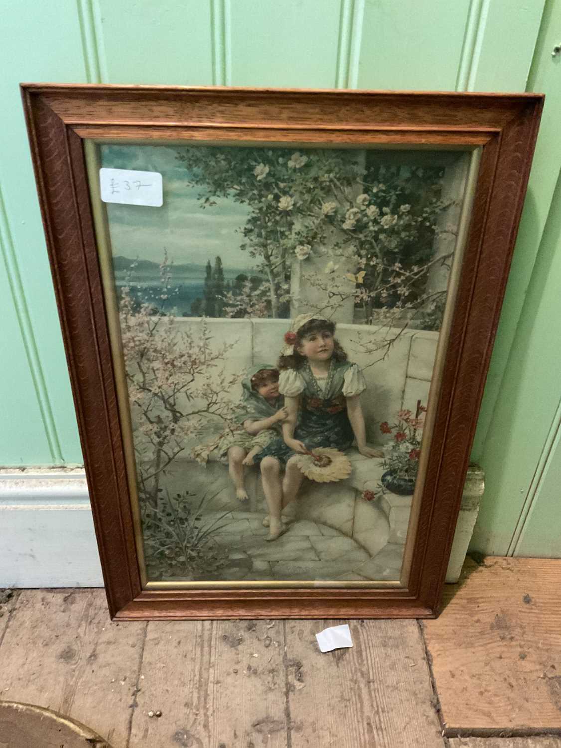 An Edwardian watercolour portrait of a girl, unsigned, 39 x 31cm, with two prints of children, - Image 5 of 6