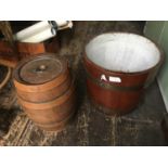 A metal bound wooden bucket, height 32cm, with a copper bound oak barrel with glass liner, height