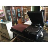 COLUMBIA; a vintage wind up gramophone, with an album of 78rpm vinyl records.