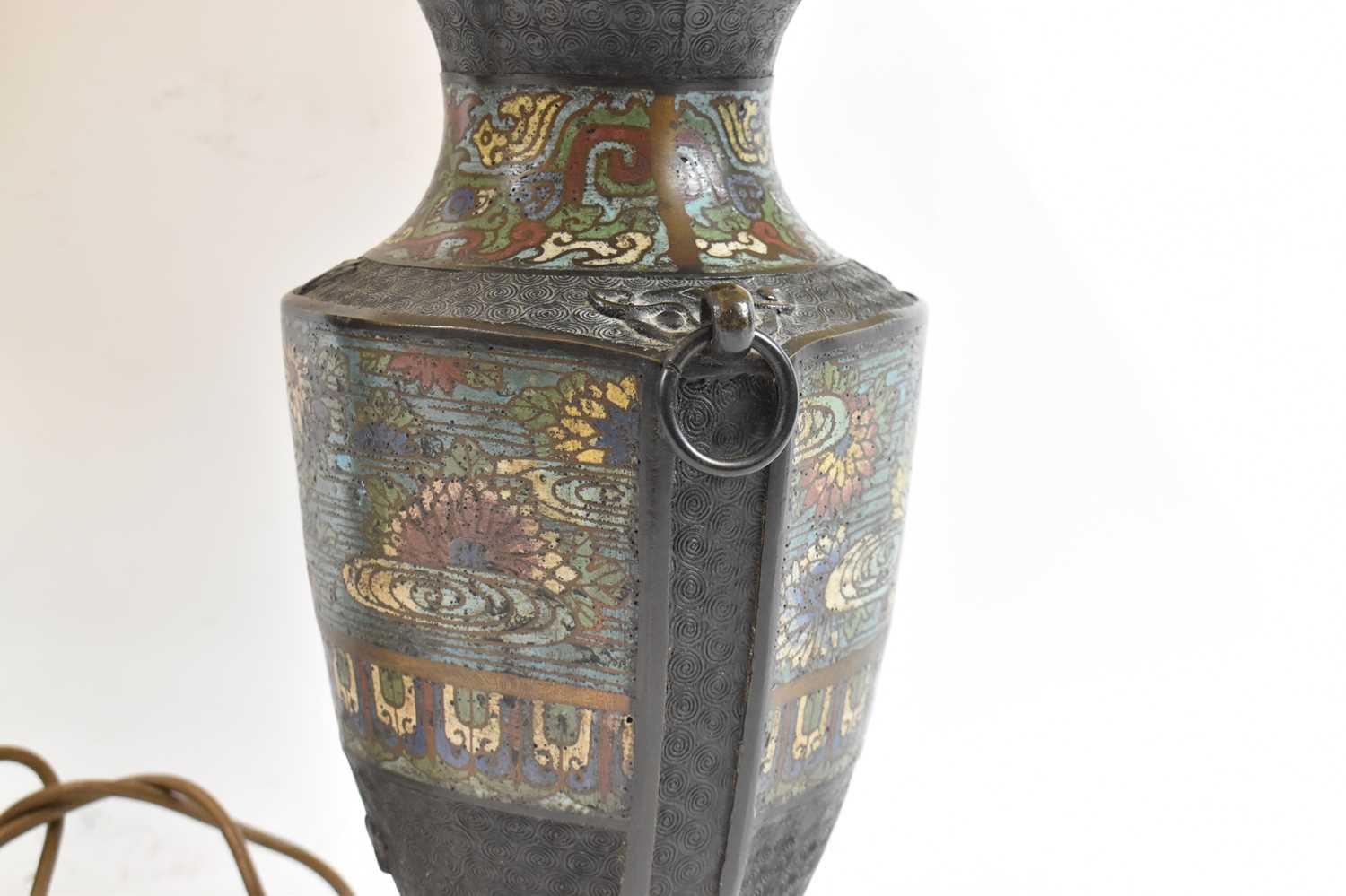 A pair of 19th century Japanese bronze and enamel temple jars converted to table lamps, height 33cm, - Image 3 of 3