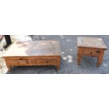 A 20th century rustic pine two drawer coffee table, width 120cm, and a matching single drawer side