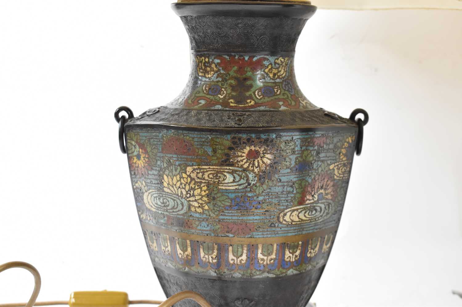 A pair of 19th century Japanese bronze and enamel temple jars converted to table lamps, height 33cm, - Image 2 of 3