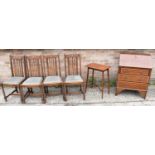 A small Edwardian mahogany three drawer bureau, an Edwardian rec side table, and a set of four early