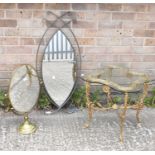 A French style gilt brass table with glass top, a brass pedestal shaving mirror, and one other (3).