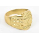A yellow metal gents ring, stamped 18k, size U, approx 12.6g.