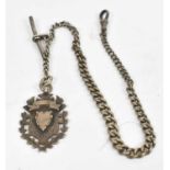 A hallmarked silver watch chain with fob, 37.3g.