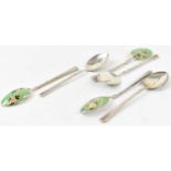 TURNER & SIMPSON; a set of six George V hallmarked silver and green floral enamel coffee spoons,
