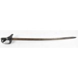 A late 19th century cavalry sword, length of blade 88cm, lacking scabbard.