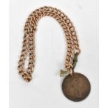 A 9ct rose gold watch chain, approx 15g, with attached penny.