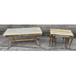 An onyx topped coffee table with brass base and a nest of three onyx topped and brass tables.