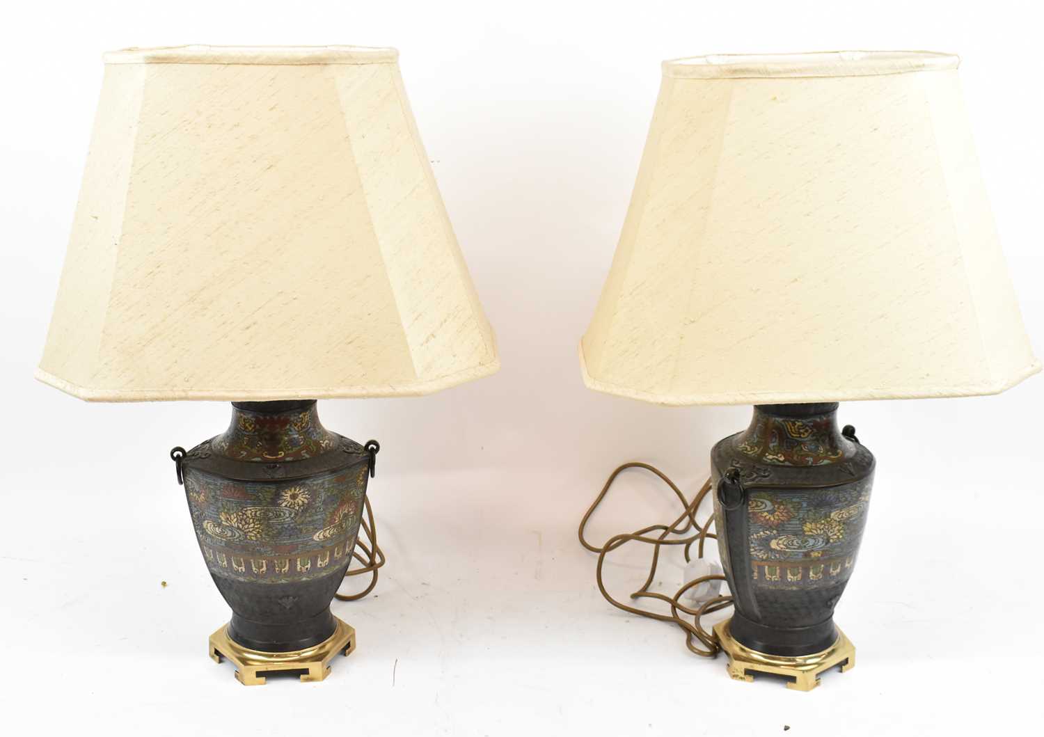 A pair of 19th century Japanese bronze and enamel temple jars converted to table lamps, height 33cm,