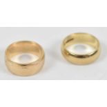 A 9ct yellow gold ring, size I, and a yellow metal ring, size H, combined approx 9.6g (2).