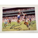 DIEGO MARADONA; a colour photograph showing the infamous Hand of God goal from the 1986 World Cup