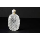 A Victorian hobnail cut glass hip flask of oval form with vacant square shaped cartouche, with