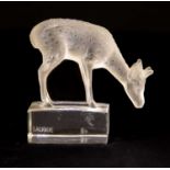 LALIQUE FRANCE; a frosted and clear glass model of a doe on plinth base, etched mark, height 8cm,