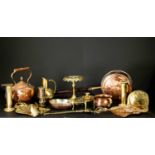 A collection of 19th century and later metalware, to include a copper kettle, brass trivets, a