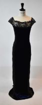 AZZARO; a navy blue velvet and black lace floor length evening dress, size 8.